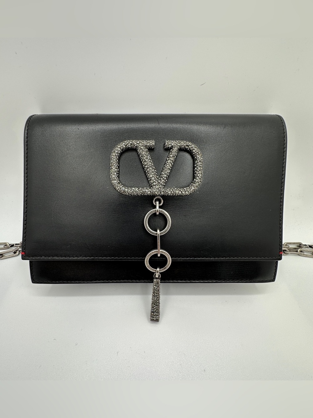 Valentini Garavani VRing Crystal Tassel Flap Bag Black Leather Chain Shoulder